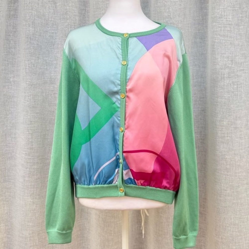 VTG Doncaster Pure Silk Button Cardigan Abstract geometric Colorblock Sweater